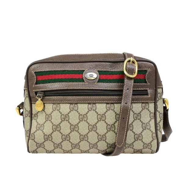 GUCCI Logo Sherry GG Pattern Shoulder Bag PVC Leather Brown Gold Italy 34EB898 - Picture 1 of 16